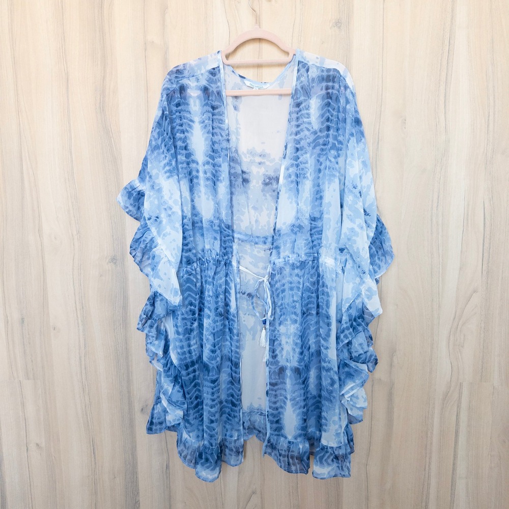 Blue Island Womens Kimono Cover Up 3X Blue White Tie Dye Ruffle Coastal Boho